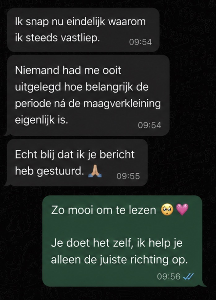 WhatsApp bericht over de periode na de maagverkleining