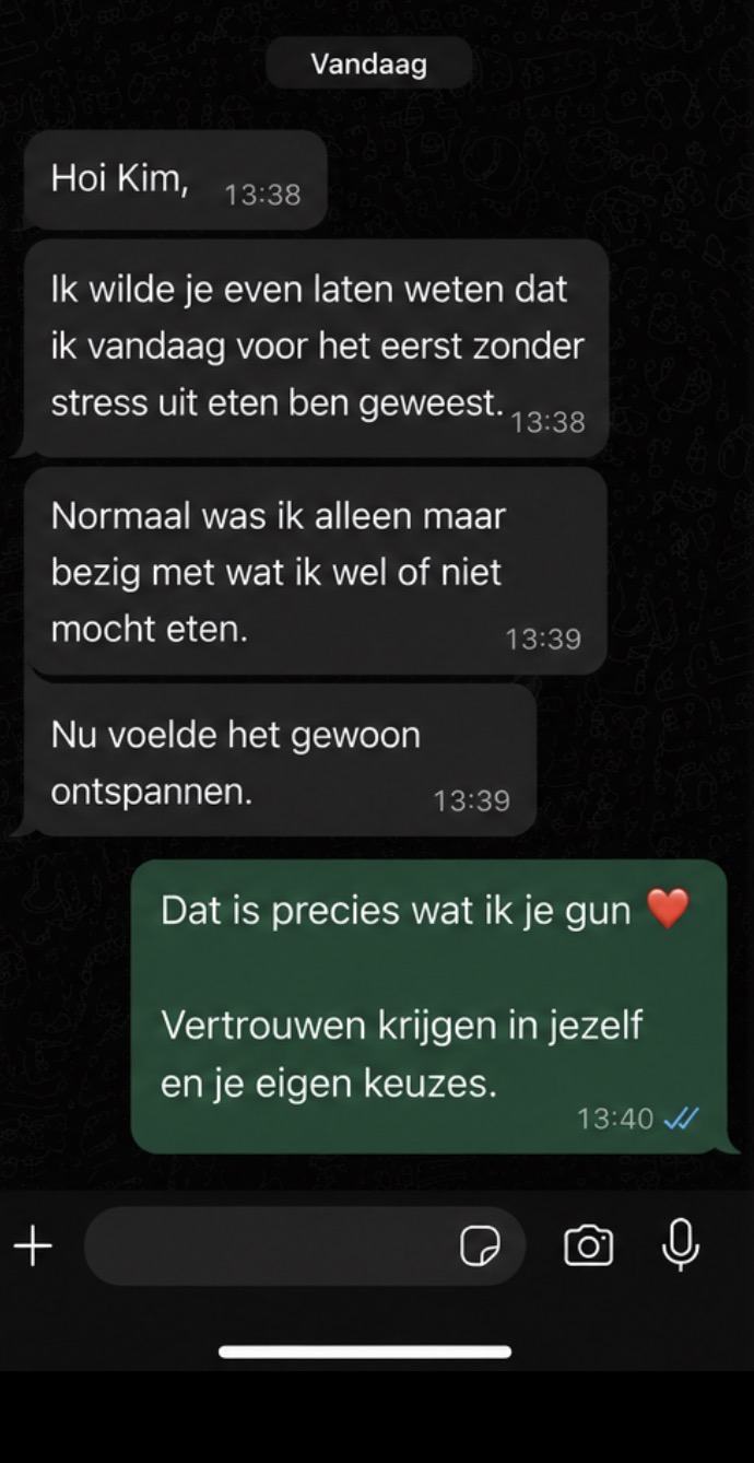 WhatsApp bericht van een klant die zonder stress uit eten ging