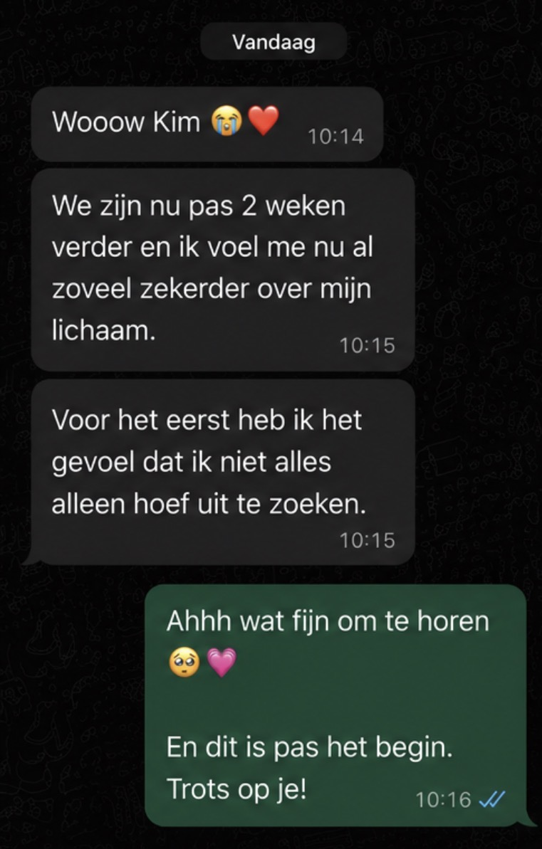 WhatsApp bericht van een klant over meer zelfvertrouwen na twee weken